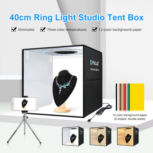 Bague Portable Portable Puluz 40cm Lumière USB Éclairage de photo Studio Studio Boîte de tente avec 6 x Couleur à double côté Taille: 40cm x 40cm x 40cm (noir) SP041B1040-012