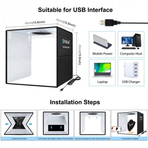 Bague Portable Portable Puluz 40cm Lumière USB Éclairage de photo Studio Studio Boîte de tente avec 6 x Couleur à double côté Taille: 40cm x 40cm x 40cm (noir) SP041B1040-012