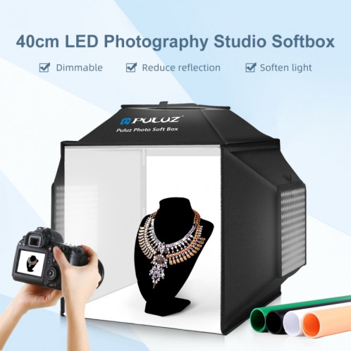 PULUZ 40cm Pliant 24W 5500K Studio Tente de Tir Soft Box Kit d'éclairage de Photographie avec 4 Couleurs (Noir, Orange, Blanc, Vert) Toiles de Fond (Prise UE) SP42EU1330-015