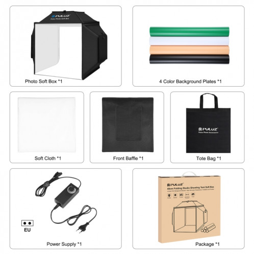 PULUZ 40cm Pliant 24W 5500K Studio Tente de Tir Soft Box Kit d'éclairage de Photographie avec 4 Couleurs (Noir, Orange, Blanc, Vert) Toiles de Fond (Prise UE) SP42EU1330-015