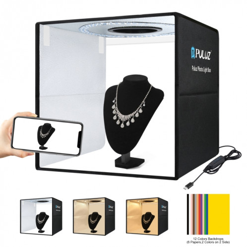 PULUZ 40 cm Pliable Portable Anneau Lumineux Charge Rapide USB Photo Éclairage Studio Tente de Prise de Vue Boîte avec 6 x Toiles de Fond Couleur Double Face, Taille: 40 cm x 40 cm x 40 cm SP44BD495-013