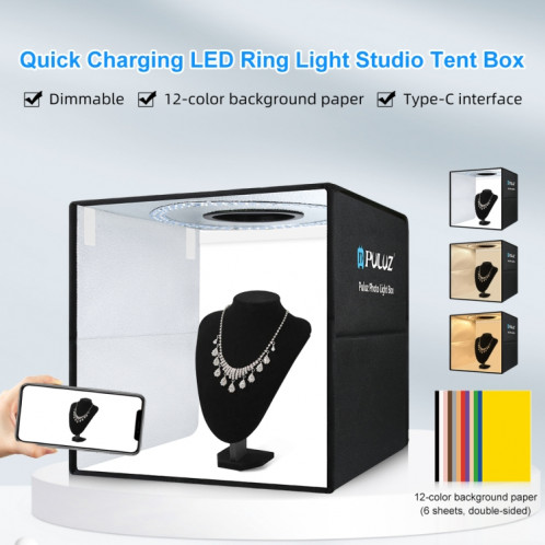 PULUZ 40 cm Pliable Portable Anneau Lumineux Charge Rapide USB Photo Éclairage Studio Tente de Prise de Vue Boîte avec 6 x Toiles de Fond Couleur Double Face, Taille: 40 cm x 40 cm x 40 cm SP44BD495-013