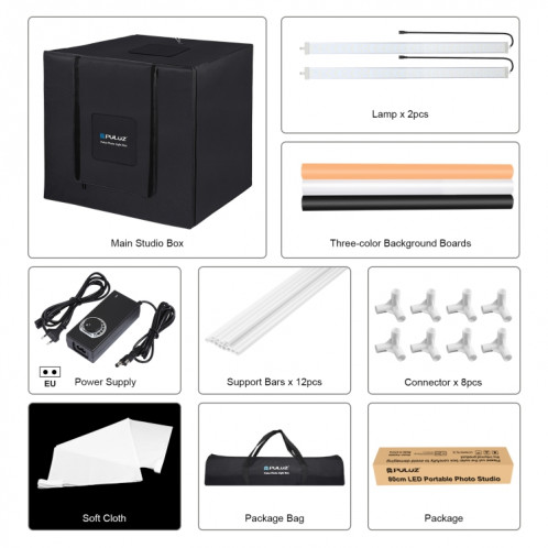 PULUZ 80CM PLACKING PORTABLE 80W 9050LM BLANC LETURE LUMIÈRE D'ÉCLAUIRATION SUDIO BOX TEPT BOX Kit avec 3 couleurs (noir, blanc, orange) Backs (Plug EU) SP80EU440-017