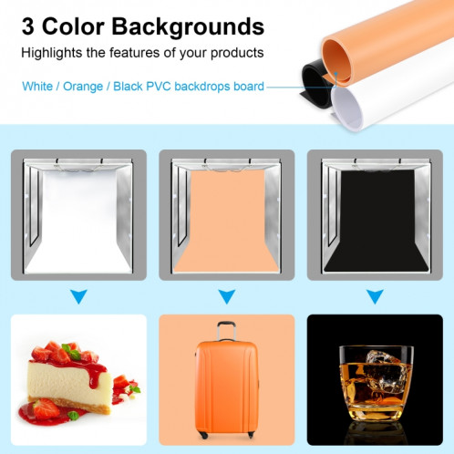 PULUZ 80CM PLACKING PORTABLE 80W 9050LM BLANC LETURE LUMIÈRE D'ÉCLAUIRATION SUDIO BOX TEPT BOX Kit avec 3 couleurs (noir, blanc, orange) Backs (Plug EU) SP80EU440-017