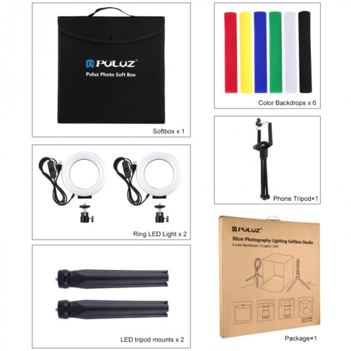 PULUZ 30cm pliant Portable Light Light Photo Photo Studio Studio Tinging Box Box Box avec 6 couleurs Terreaux (noir, blanc, jaune, rouge, vert, bleu), dépliage: 31 cm x 31 cm x 32 cm SP51301010-08