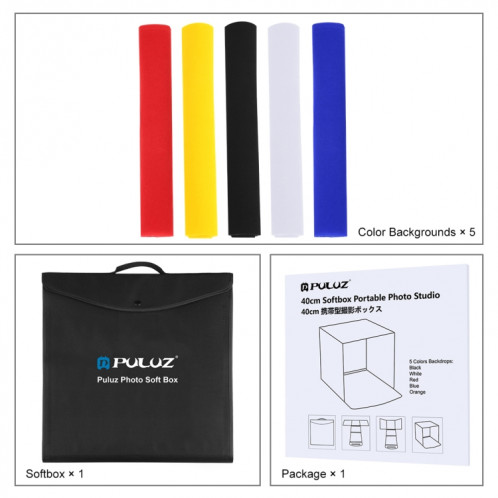 PULUZ 40cm Photo Softbox Kits de boîtes de tentes de tir de studio pliantes portables avec 5 couleurs de fond (rouge, jaune, bleu, blanc, noir), taille: 40cm x 40cm x 40cm SP5140230-013