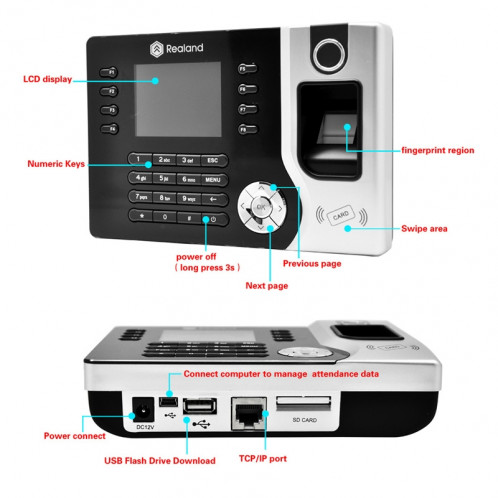 A-C071 2.4 pouces couleur TFT Screen Fingerprint & RFID temps de présence, horloge de présence de temps de bureau de communication d'USB SA2009146-014