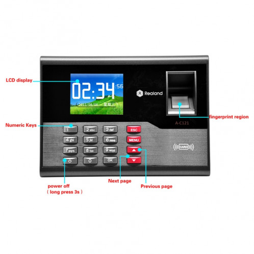 A-C121 2,8 pouces Couleur TFT Screen Fingerprint & RFID Temps Présence, Horloge USB Attendance Horloge de bureau SA20121546-016