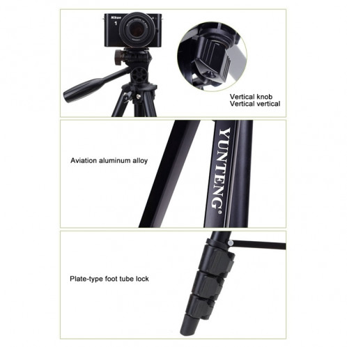 YUNTENG VCT-681 Reflex / Appareils photo numériques de 138 cm, support pour trépied, pattes en aluminium pliables en 4 sections, compatible avec les modèles Canon / Nikon / Panasonic / Pentax / Casio / Sony / Fuji SH0130409-010