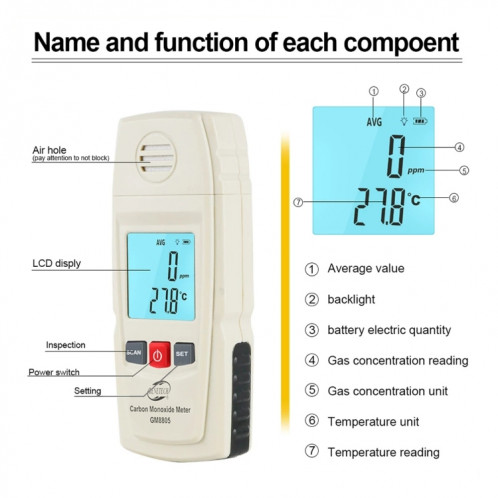 Benetech GM8805 LCD Affichage LCD MONOXYDE DE MONOXYDE DE MONOXIDE DE MONOXIDE CO DÉTECTEUR DE DÉTECTEUR DE DÉTECTEUR DE MESURE: 0-1000PPM SB256W855-08