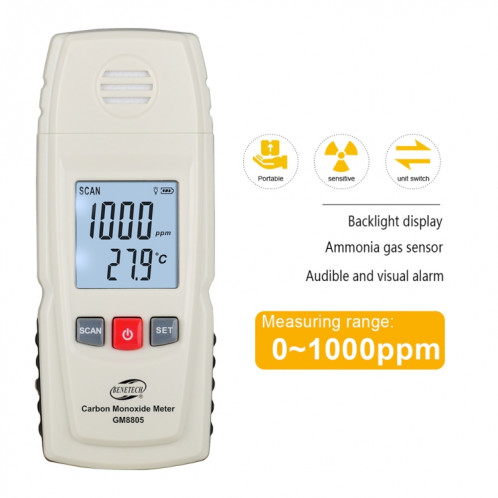 Benetech GM8805 LCD Affichage LCD MONOXYDE DE MONOXYDE DE MONOXIDE DE MONOXIDE CO DÉTECTEUR DE DÉTECTEUR DE DÉTECTEUR DE MESURE: 0-1000PPM SB256W855-08