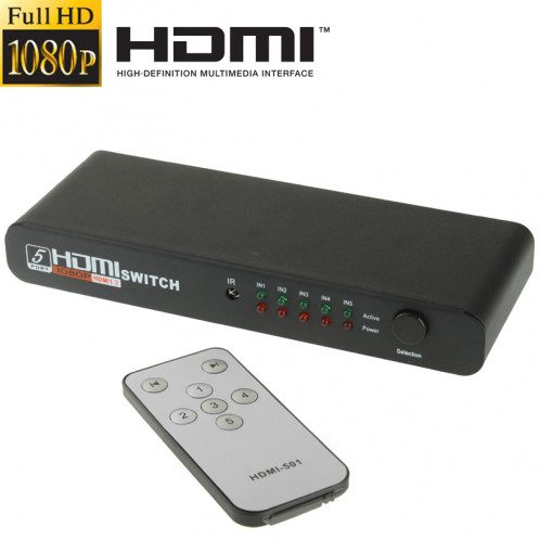 Commutateur HDMI 5 ports Full HD 1080P avec télécommande et voyant LED (noir) SH-501804-07