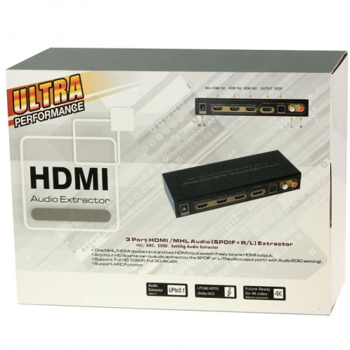 Extracteur audio HDMI / MHL à 3 ports avec télécommande infrarouge, réglage EDID audio 4K ARC 5.1 canaux / PASS / 2 canaux SH58001619-08