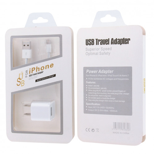 2 en 1 (adaptateur de chargeur de voyage 5V 1A US + 1 m de câble de charge de synchronisation Sync), pour iPad, iPhone, Galaxy, Huawei, Xiaomi, LG, HTC et autres téléphones intelligents, appareils rechargeables SH343B808-07