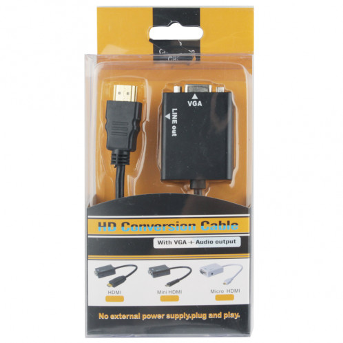 Câble de conversion vidéo HDMI vers VGA + 26 cm avec câble audio 3,5 mm, prise en charge Full HD 1080P (noir) SH0203230-05