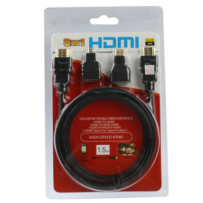 Kit d'adaptateur de câble HDMI Full HD 1080P 3 en 1 (câble HDMI de 1,5 m + adaptateur HDMI vers Mini HDMI + adaptateur HDMI vers micro HDMI) SH0400249-08