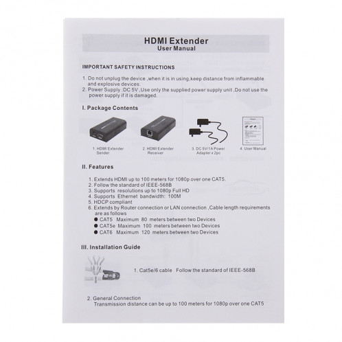 Extendeur HDMI sur câble unique UTP CAT5e / 6, distance de transmission: 100 m SH1247494-014