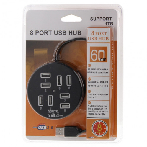 Hub rond portatif USB 2.0 haute vitesse 8 ports, longueur: 60cm (noir) SH000B384-07