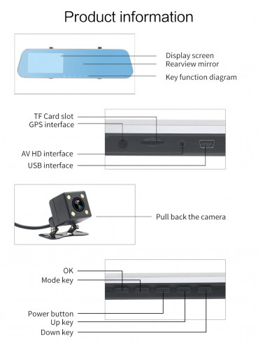 Full HD 1080P 4,3 pouces écran DVR véhicule double caméra, 140 degrés grand angle de visualisation, vision nocturne de soutien / surveillance de stationnement / enregistrement en boucle / détection de mouvement / SH00361615-014