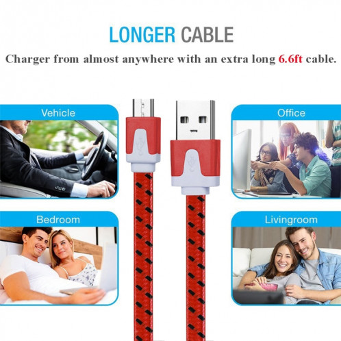 Câble de chargement / données micro USB vers USB tissé de 2 m, Câble de chargement/données micro USB vers USB de style tissé de 2 m (rouge) SH398R795-08