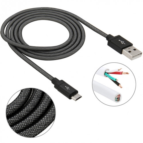 Câble de charge / données micro USB vers USB à tête métallique de haute qualité de style net de 1 m, 1m Net Style Tête en métal de haute qualité Micro USB vers USB Données / Câble de charge (Noir) SH230B1018-06