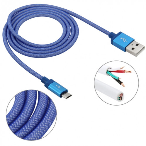 Câble de charge / données micro USB vers USB à tête métallique de haute qualité de style net de 1 m, 1m Net Style Tête en métal de haute qualité Micro USB vers USB Données / Câble de charge (Bleu) SH230L1693-06