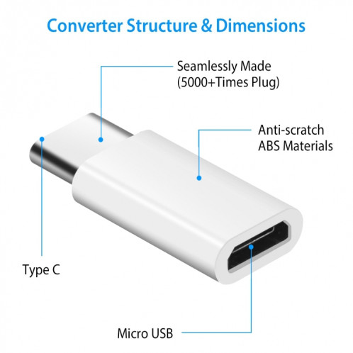 Adaptateur de convertisseur USB-C / Type-C 3.1 mâle vers micro USB femelle, longueur: 3 cm, Adaptateur convertisseur USB-C / Type-C 3.1 mâle vers micro USB femelle, longueur: 2,5 cm (blanc) SH285W206-07