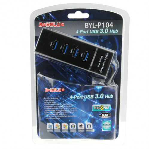4 Ports USB 3.0 HUB, Super Vitesse 5 Gbps, Plug and Play, avec indicateur de puissance LED, BYL-P104 (Noir) S4135B884-04