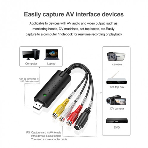 DVD Maker USB 2.0 Capture et édition vidéo (Easy CAP), prise en charge du format de compression MPEG-1 / MPEG-2, puce: EM2860, DC60 + SH050B1160-012