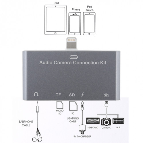 D-198 5 en 1 8 broches vers USB HUB + USB-C / Type-C + écouteur 3,5 mm + lecteur de carte SD + TF pour MacBook, PC, ordinateur portable, téléphones intelligents SH1310359-010
