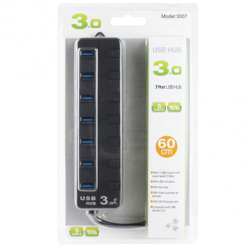 5Gbps Super Speed ​​7 Ports USB 3.0 HUB avec Indication LED pour ordinateur portable PC Mac, Noir (3007) (Noir) S510111055-05
