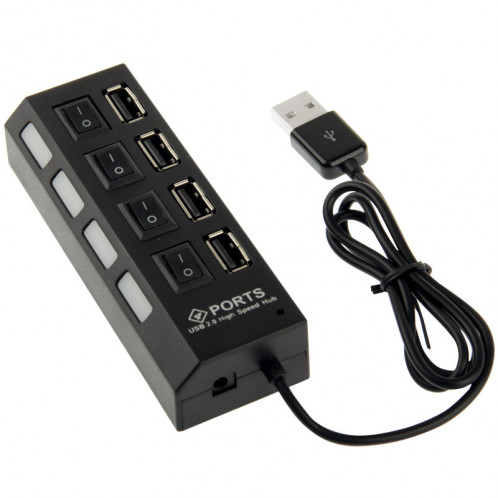 Hub USB 2.0 haute vitesse 4 ports avec commutateur et 4 LED, Plug and Play (Noir) SH1038226-05
