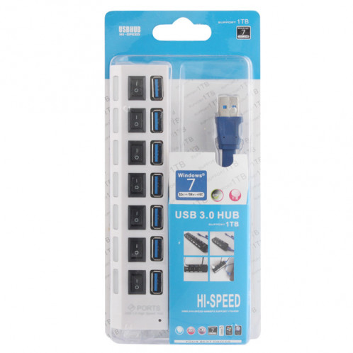 7 Ports USB 3.0 HUB, Super Vitesse 5 Gbps, Plug and Play, Support 1 To (Blanc) S7017W686-07