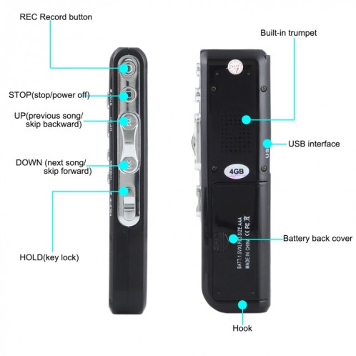 Enregistreur vocal numérique 4 Go, lecteur MP3 Dictaphone, enregistrement téléphonique par support, fonction VOX (noir) SH10311625-08