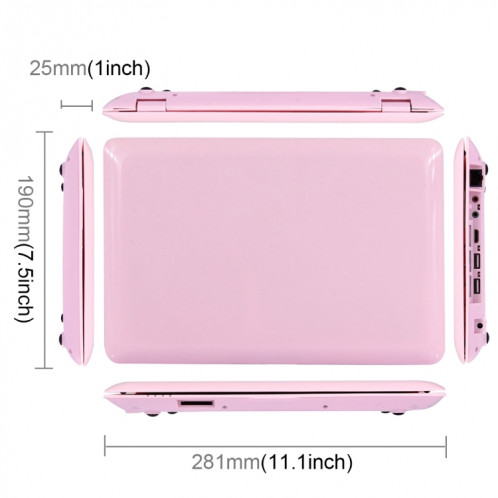 10.1 pouces Netbook PC, 1 Go + 8 Go, TDD-10.1 Android 5.6GHZ ALLWINNER A33 Quad Core 1.6GHz, BT, WiFi, SD, RJ45 (rose) SH406F933-011
