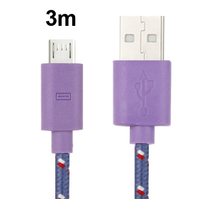 Câble de transfert de données/charge USB Micro 5 broches style filet en nylon, longueur : 3 m (violet) SH209P771-04