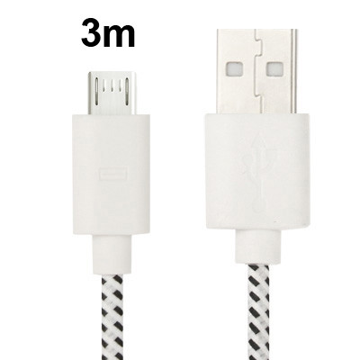 Câble de transfert de données/charge USB Micro 5 broches style filet en nylon, longueur : 3 m (blanc) SH209W1807-04