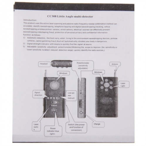 CC308 + Détecteur d'objectif de caméra sans fil Multi Détecteur de signal d'onde radio Détection de périphérique RF GSM à plage complète (Noir) SH01141518-013