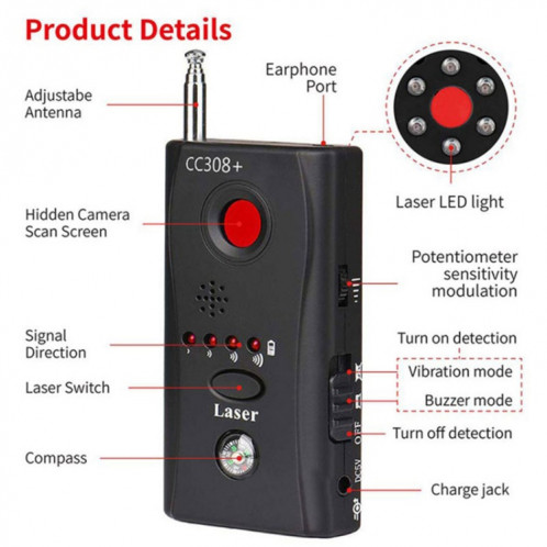 CC308 + Détecteur d'objectif de caméra sans fil Multi Détecteur de signal d'onde radio Détection de périphérique RF GSM à plage complète (Noir) SH01141518-013