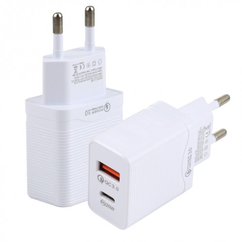 LZ-728 QC 3.0 USB + PD 20W USB-C / Type-C Chargeur de voyage rapide, Plug UE (Blanc) SH582W729-07