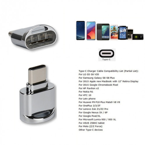 Carte TF vers adaptateur OTG en alliage d'aluminium mâle USB-C / Type-C avec porte-clés (argent) SH291S1909-08