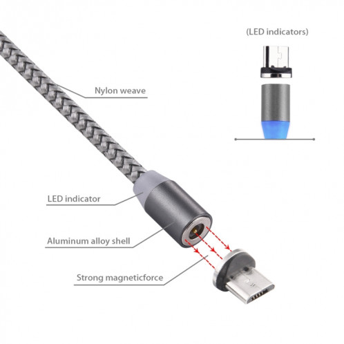 Rotation à 360 degrés 1m Style d'armure Micro USB vers USB 2.0 Câble de chargeur magnétique puissant avec indicateur LED, Rotation à 360 degrés Câble de chargeur magnétique puissant de 1 m de style micro USB vers SH696J1538-010