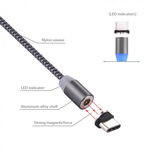 Rotation à 360 degrés 1m Style d'armure USB-C / Type-C vers USB 2.0 Câble de chargeur magnétique puissant avec indicateur LED, Rotation à 360 degrés 1 m Style de tissage USB-C/Type-C vers USB 2.0 Câble de chargeur SH697H1907-09