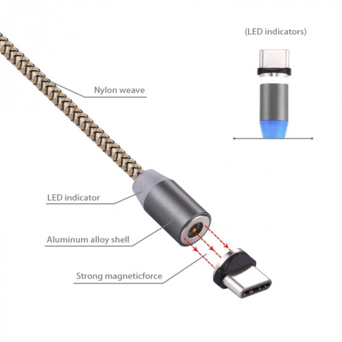 Rotation à 360 degrés 1m Style d'armure USB-C / Type-C vers USB 2.0 Câble de chargeur magnétique puissant avec indicateur LED, Rotation à 360 degrés 1 m de style tissé USB-C / Type-C vers USB 2.0 Câble de SH697J1291-09