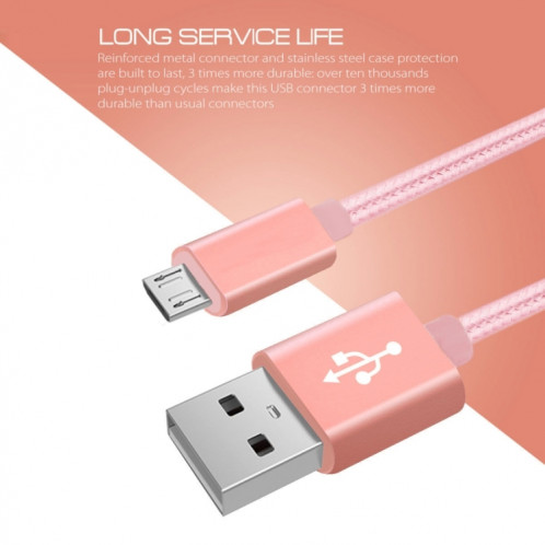 Câble micro USB vers USB de données / chargeur, Câble Micro USB vers USB de 2 m 3 A à tête métallique de style tissé (or rose) SH91RG799-08