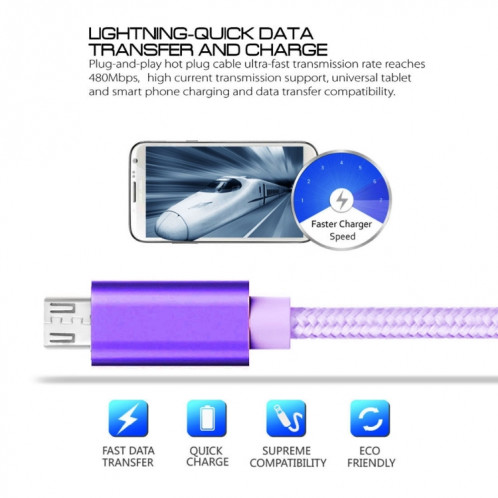 3A Tête métallique en métal Micro USB sur Câble de données / chargeur USB, Longueur du câble: 3M (violet) SH092P1088-08