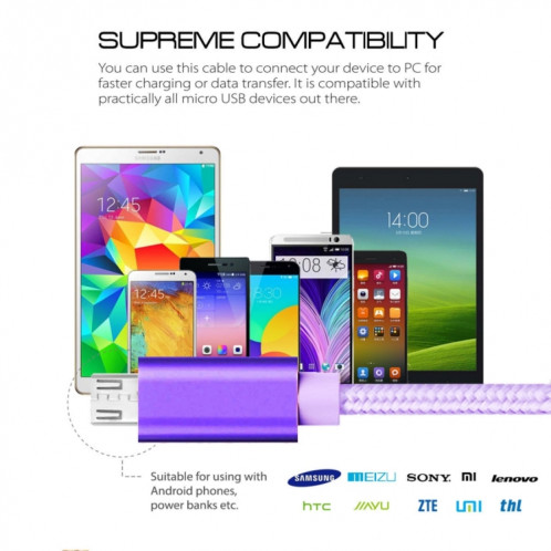 3A Tête métallique en métal Micro USB sur Câble de données / chargeur USB, Longueur du câble: 3M (violet) SH092P1088-08