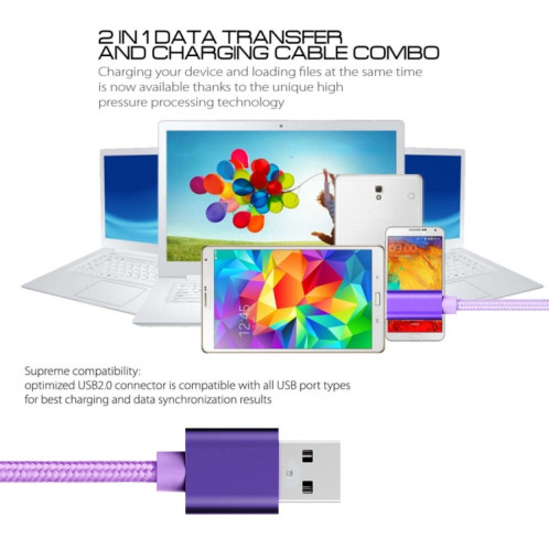3A Tête métallique en métal Micro USB sur Câble de données / chargeur USB, Longueur du câble: 3M (violet) SH092P1088-08
