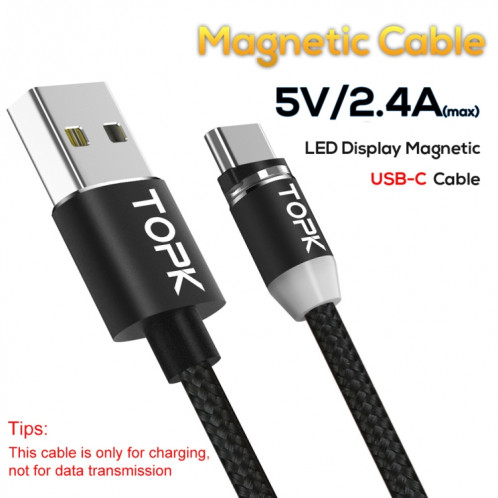 TOPK AM23 1m 2.4A Max USB vers USB-C / Type-C Câble de Charge Magnétique Tressé en Nylon avec Indicateur LED (Noir) ST480B1334-08