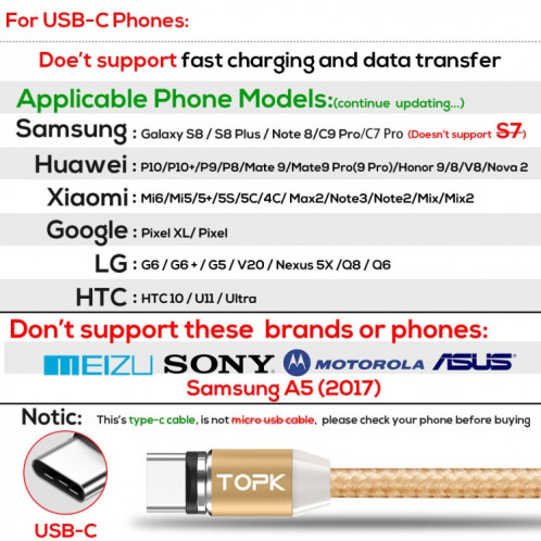 TOPK AM23 1m 2.4A Max USB vers USB-C / Type-C Câble de Charge Magnétique Tressé en Nylon avec Indicateur LED (Or) ST480J1562-08